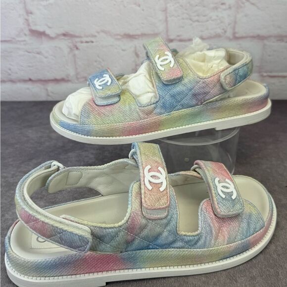 Chanel 22C Green Pink Blue White CC Logo Mule Slide Strap Flat Dad Sandal 40 - Picture 2 of 15